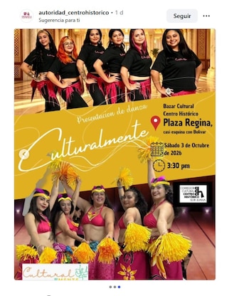 Cartel publicitario con fotos de grupos de bailarinas, texto con detalles de fecha y hora, y el nombre Plaza Regina