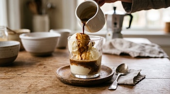 Un vaso con helado recibe café vertido desde una pequeña jarra blanca, ubicado sobre un plato y una mesa de madera junto a una cuchara.