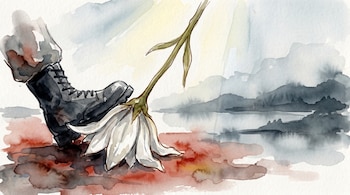 Acuarela de una flor blanca parcialmente aplastada por una bota militar negra. El tallo verde se alza hacia la luz; al fondo, la silueta difuminada de la laguna de Xiloá.