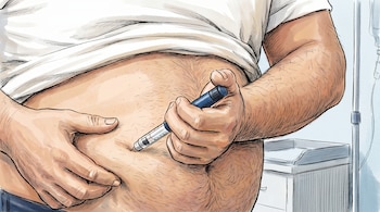 Ilustración de un hombre administrándose una inyección subcutánea en el abdomen con un inyector tipo pluma, se ven sus manos, torso y la pluma.