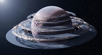 Una imagen conceptual de un exoplaneta de tonos púrpuras y azules, con anillos translúcidos y nubes plateadas, flotando en un espacio oscuro con estrellas.
