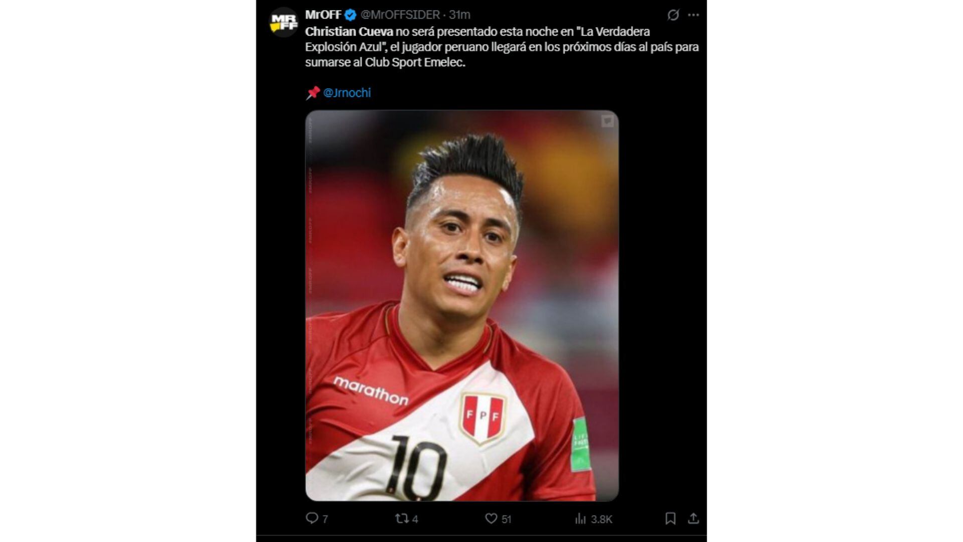 Christian Cueva no pudo viajar a Guayaquil, por ese motivo, no se presentó al evento de Emelec.