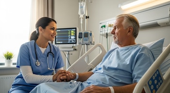 Una enfermera sonriente con uniforme azul sujeta la mano de un paciente anciano con barba gris en una cama de hospital, con un monitor de signos vitales al fondo.