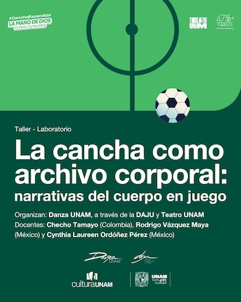 Póster promocional verde con el diseño de una cancha de fútbol, un balón y texto blanco que anuncia el taller "La cancha como archivo corporal"