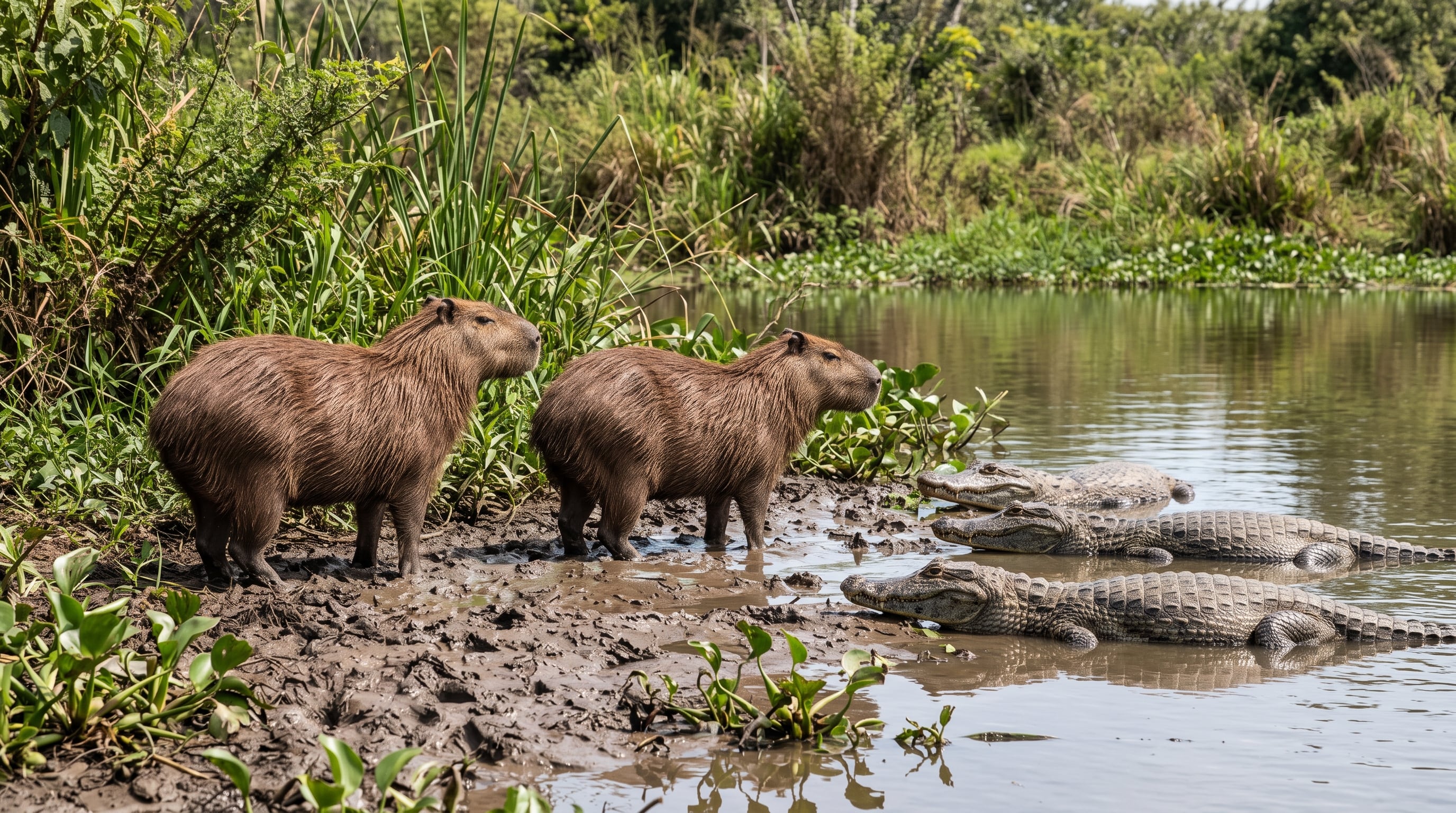 Los carpinchos adultos y los caimanes yacaré conviven en las orillas del Pantanal debido a que los reptiles prefieren presas de menor tamaño (Imagen Ilustrativa Infobae)