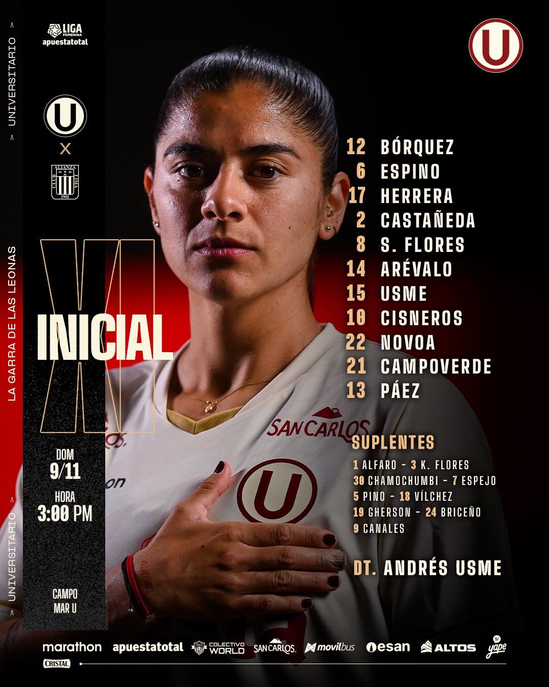 Once de Universitario femenino para el duelo ante Alianza Lima femenino por la final ida de la Liga Femenina 2025.