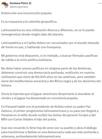 Petro garantiu nas redes sociais que a Bolívia vive uma “revolta popular” e pediu a abertura de um fórum de diálogo. - crédito @petrogustavo/X