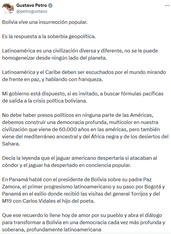 Petro aseguró en redes sociales que Bolivia atraviesa una “insurrección popular” y pidió abrir espacios de diálogo. - crédito @petrogustavo/X