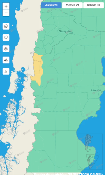 Mapa meteorológico de Argentina y Chile con alerta amarilla en el oeste de Patagonia. Muestra iconos de clima y fechas: Jueves 28, Viernes 29 y Sábado 30