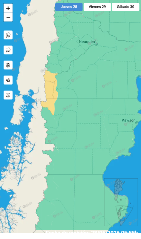 Mapa del Servicio Meteorológico Nacional mostrando una alerta amarilla por lluvias en el oeste de la Patagonia.