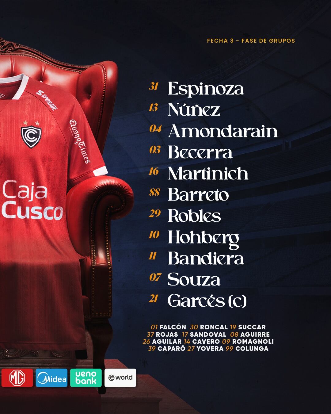 Once confirmado de Cienciano para enfrentar a Atlético Mineiro por fecha 3 del Grupo B de la Copa Sudamericana 2026. Crédito: Instagram Cienciano.