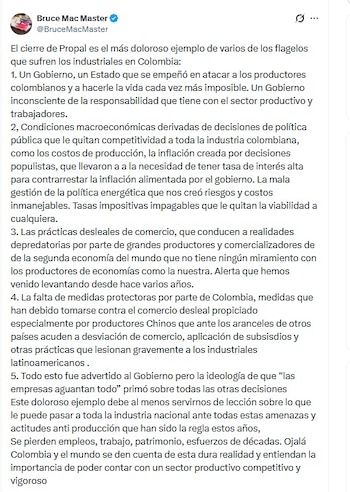 El presidente de la Andi Bruce Mac Master cuestionó a la administración de Gustavo Petro luego del anuncio hecho por Propal el 31 de julio de 2026 - crédito @BruceMacMaster/X