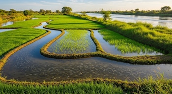 Campo de arrozales verdes inundados con agua y peces en canales, un río ancho y vegetación densa bajo un cielo azul con nubes ligeras.