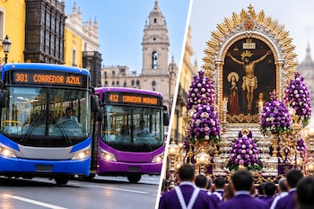 Composición dividida entre dos autobuses, uno azul y uno morado, y el anda con la imagen del Señor de los Milagros rodeada de fieles