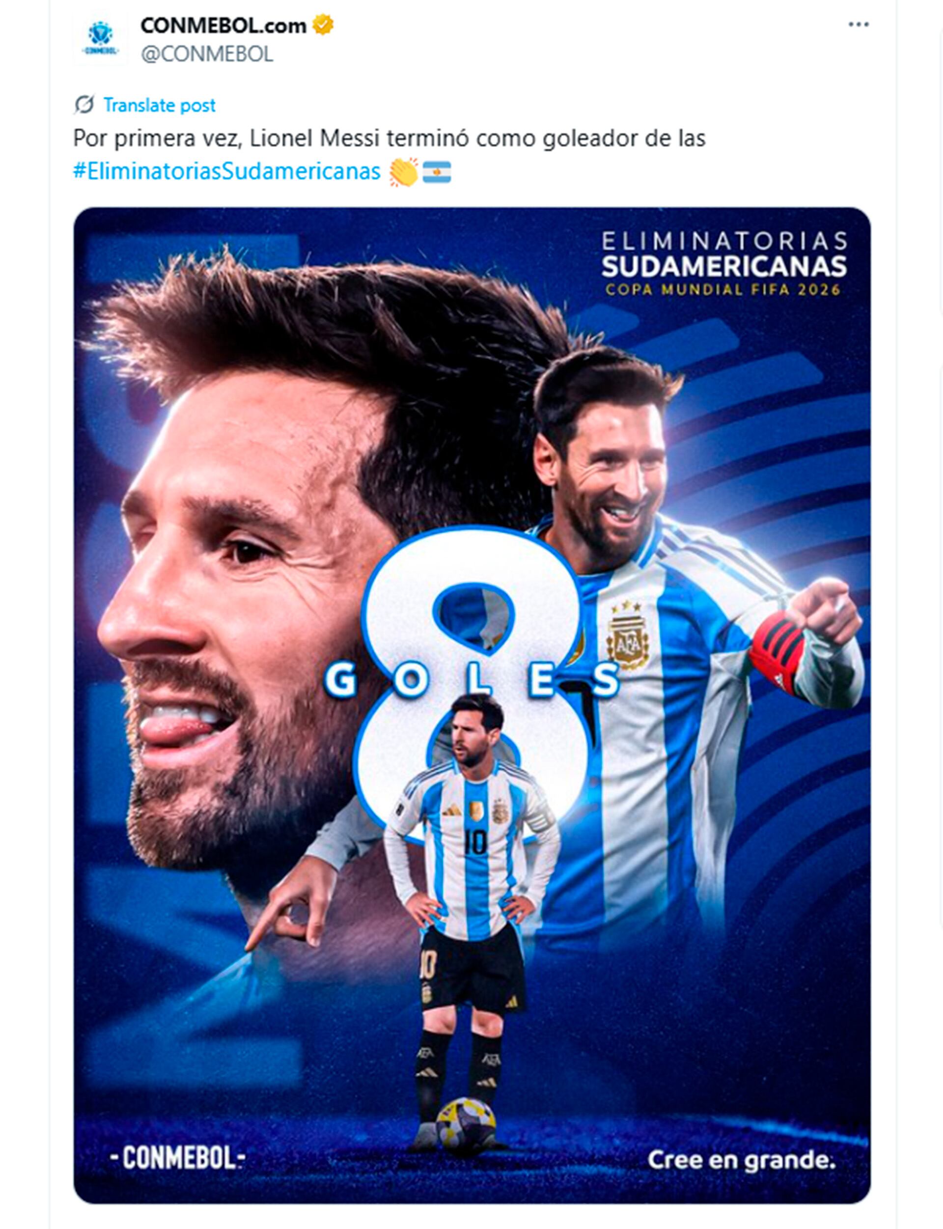 La CONMEBOL destacó el nuevo récord de Lionel Messi por Eliminatorias Sudamericanas