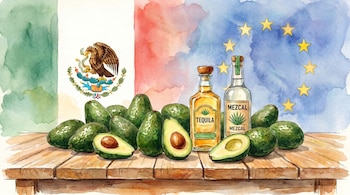 Ilustración acuarela de aguacates, una botella de tequila y una de mezcal sobre una mesa de madera, con las banderas de México y la Unión Europea al fondo.