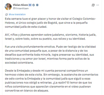 Este fue el mensaje escrito por la embajadora Aisen, tras los comentarios en redes sociales - crédito @VivianAisen/X - crédito @VivianAisen/X
