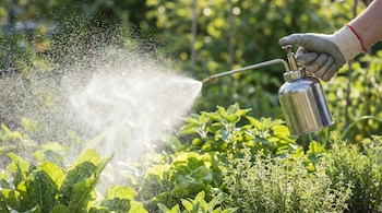 Una mano con un guante gris rocía un chorro de agua en forma de bruma desde un pulverizador metálico sobre plantas verdes en un jardín soleado.