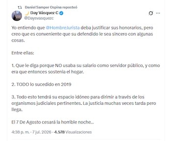 Daysuris Vásquez instó al abogado Alejandro Carranza a revelar información sobre Nicolás Petro, su cliente - crédito @Daysvasquezc/X