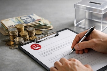 Primer plano de manos firmando un formulario oficial con logo del JNE de Perú. Monedas y billetes peruanos se apilan, con una urna transparente en el fondo.