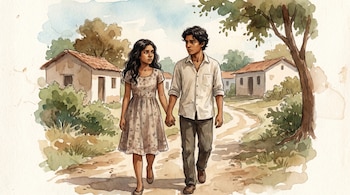 Ilustración acuarela de una pareja adolescente, con cabello oscuro y piel canela, caminando de la mano por un sendero de tierra en un entorno rural con casas sencillas.