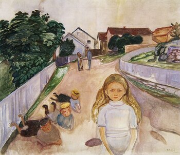 Pintura al óleo muestra una niña en primer plano de vestido blanco, pelo rubio, con cuatro niños en el suelo, dos adultos, casas y árboles de fondo