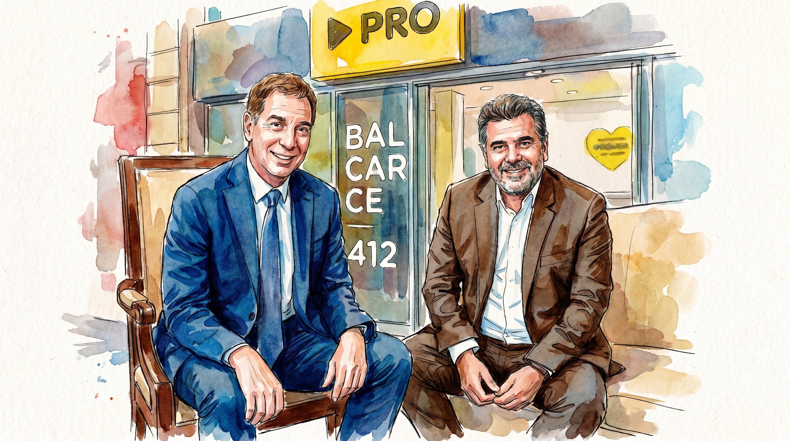 Una ilustración en acuarela a todo color muestra a Diego Santilli y Cristian Ritondo sonriendo, sentados frente a la fachada de la sede del PRO en Balcarce. (Imagen Ilustrativa Infobae)