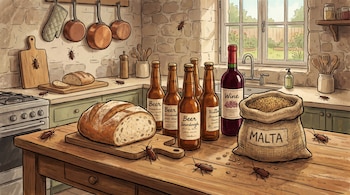 Ilustración de una cocina rústica con pan con levadura en una tabla, botellas de cerveza y vino, y un saco de malta. Varias cucarachas en superficies.