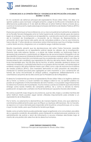 El abogado Jaime Granados Peña, actuando como defensor de Álvaro Uribe, exigió una rectificación por parte de Hollman Morris y Rtvc - crédito @JGranadosPena/X