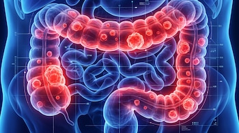 Imagen médica digital del colon humano en tonos azules y púrpuras, mostrando múltiples lesiones tumorales de color rojo brillante y datos diagnósticos.