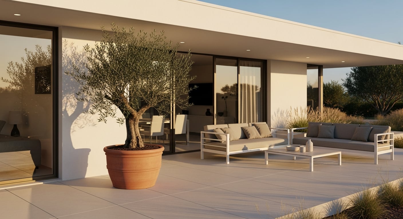 Un olivo en una maceta adorna un patio minimalista con mobiliario de exterior en una casa moderna, destacando la integración de la naturaleza en el diseño arquitectónico. (Imagen Ilustrativa Infobae)