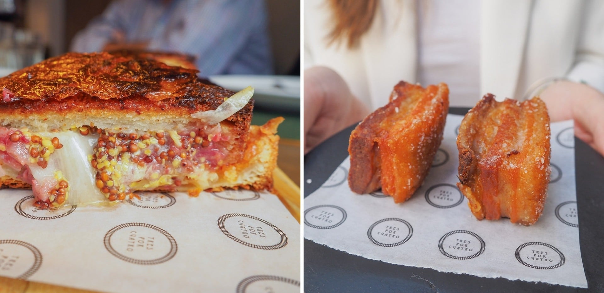 Sándwich de cabeza de jabalí y torreznos de Tres por Cuatro