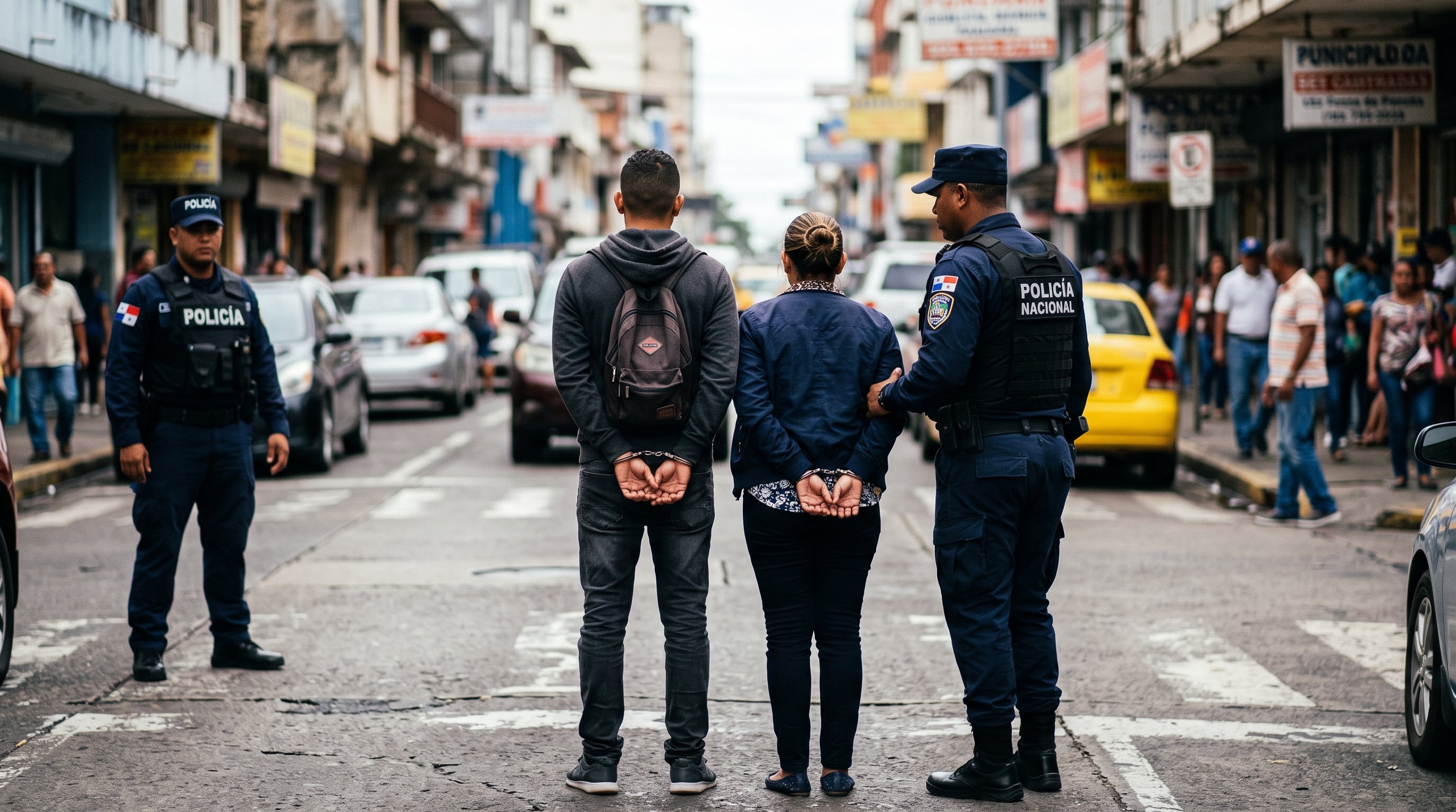 Dos personas esposadas permanecen bajo la custodia de agentes de la Policía Nacional de Panamá en una calle de la ciudad. (Imagen Ilustrativa Infobae)