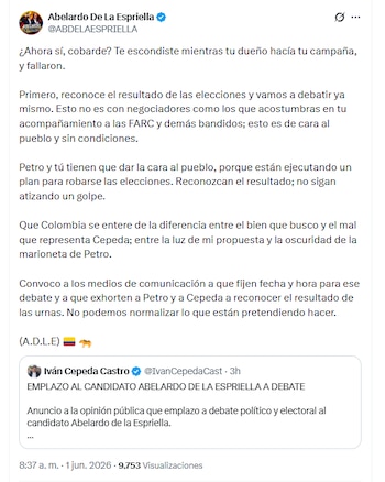 El candidato le respondió a Iván Cepeda sobre un debate presidencial - crédito @ABDELAESPRIELLA/X