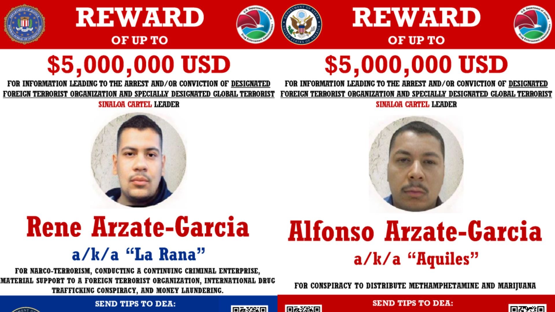 Los hermanos Arzate, El Aquiles y La Rana, son buscados por EEUU. (Departamento de Justicia de EEUU)