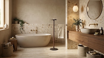 Baño moderno con bañera exenta, mueble de madera con lavabo, espejo redondo y toallero de pie. Las paredes y el suelo son de tonos claros y naturales.