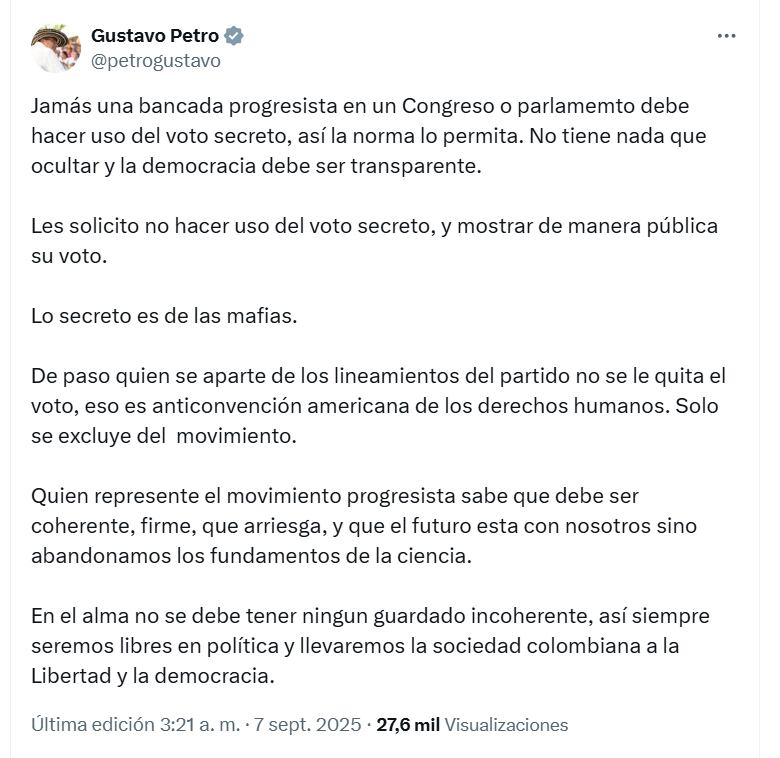 El presidente pidió no usar el voto secreto a su bancada - crédito @petrogustavo/X