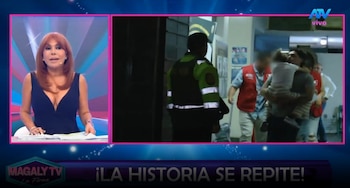 Juan Víctor sale de comisaría mientras Andrea San Martín sigue detenida. Captura: Magaly TV La Firme.