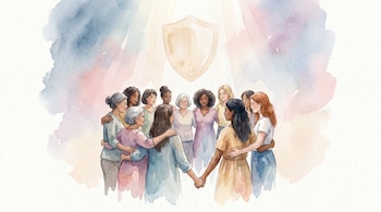 Ilustración acuarela de mujeres de varias edades y tonos de piel, abrazadas y tomadas de la mano en círculo, bajo un escudo translúcido. Fondo pastel suave.