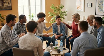 Un grupo diverso de ocho personas de diferentes edades y géneros se sienta en círculo en una sala luminosa, conversando con tazas y botellas de agua sobre una mesa.