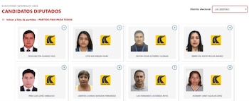 Captura de pantalla de una lista de ocho candidatos a diputados del partido País para Todos para La Libertad, mostrando sus fotos y nombres