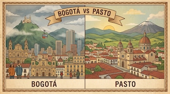 Una ilustración divide la pantalla: a la izquierda, Bogotá con montañas, iglesia en la cima, teleférico, edificios altos y personas; a la derecha, Pasto con un volcán, colinas verdes, sol y arquitectura colonial.
