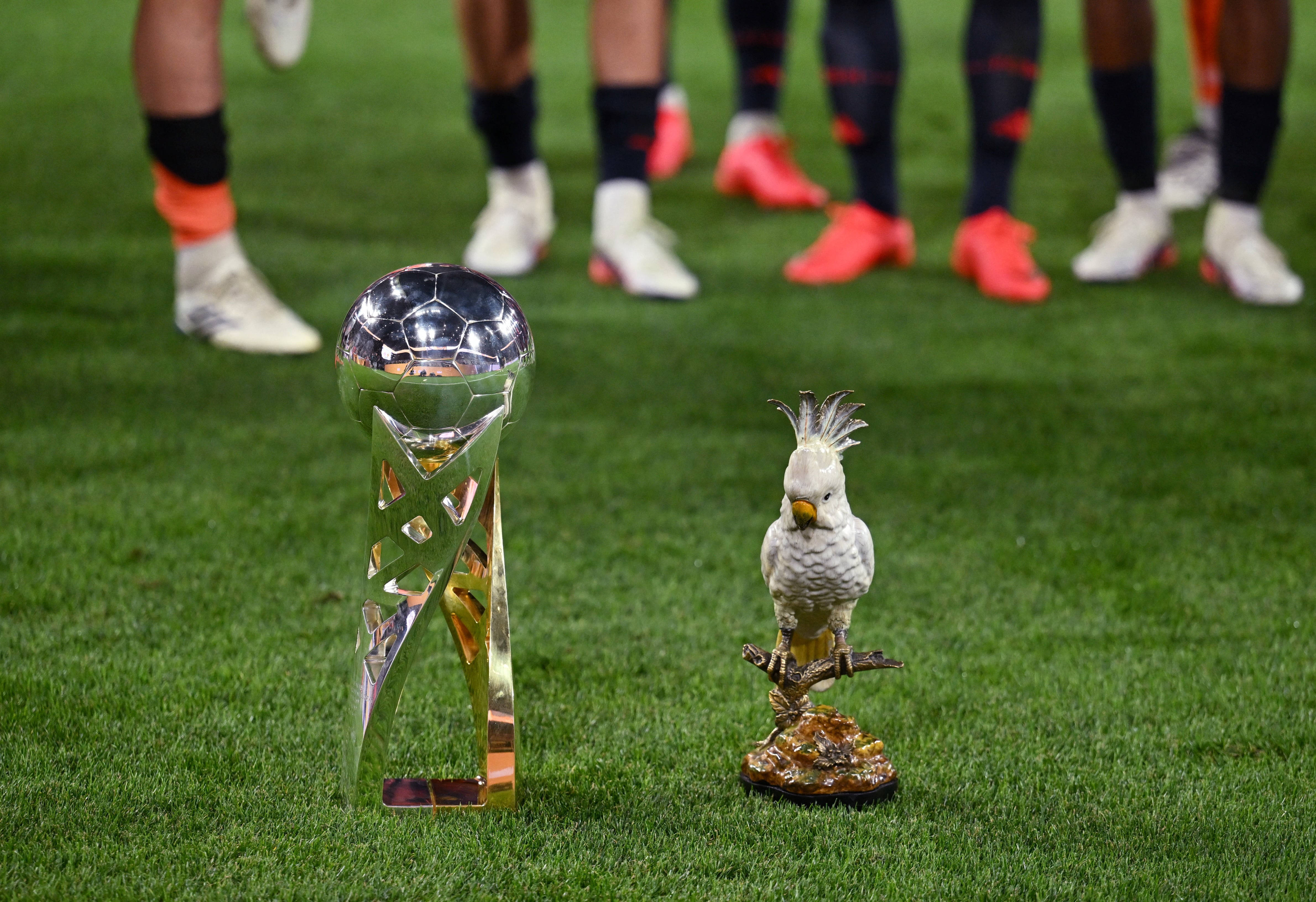 Vista general del trofeo de la Supercopa DFL y la cacatúa de porcelana tras el triunfo del Bayern Múnich en la final-crédito Teresa Kroeger/REUTERS