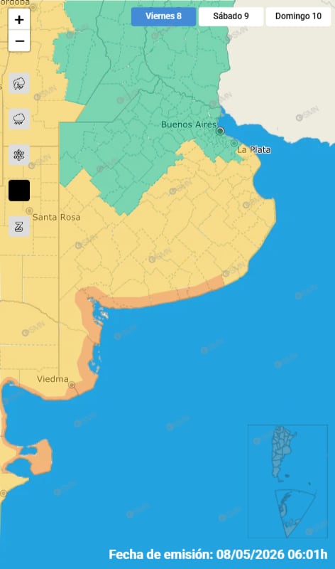 El mapa de las alertas por vientos.
