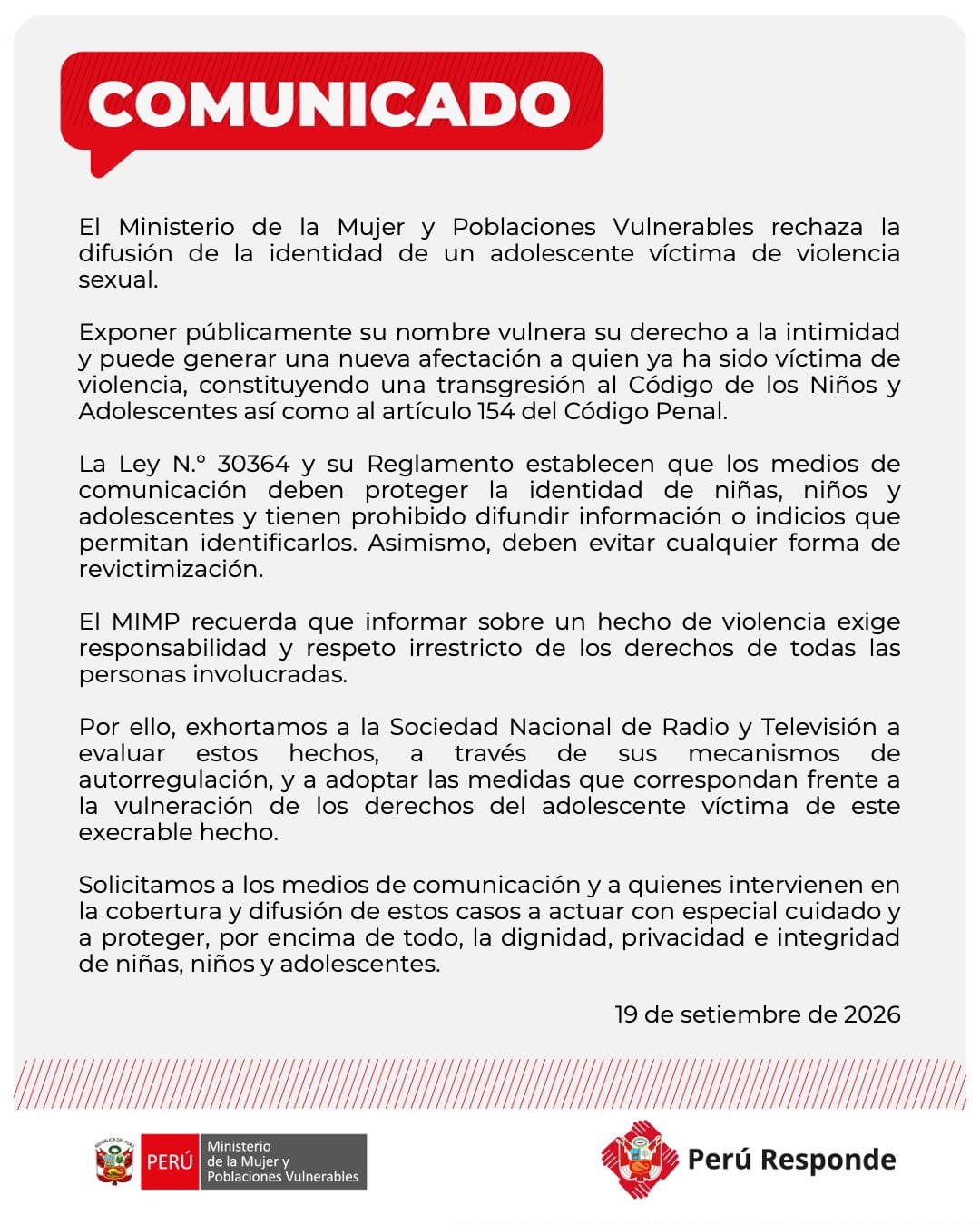 El Ministerio de la Mujer y Poblaciones Vulnerables de Perú rechaza en un comunicado la exposición mediática de la identidad del menor de edad víctima de violencia sexual en el Liceo Naval Almirante Guise.