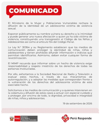 Un comunicado oficial en fondo blanco con un bocadillo rojo arriba que dice COMUNICADO y los logotipos del gobierno de Perú en la parte inferior