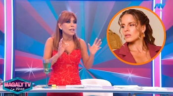 Magaly Medina en un estudio de televisión junto a un recuadro circular con el rostro de Alejandra Baigorria y el logotipo del programa.