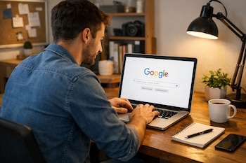 Hombre con camisa de jean sentado en un escritorio de madera, tecleando en una laptop plateada con la página de Google abierta. Hay una taza de café, libreta y smartphone.