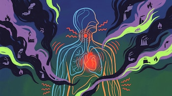 Figura humana con vías respiratorias y corazón, rodeada de nubes de smog, íconos de chimeneas, automóviles e incendios, y símbolos de irritación en pecho y garganta.