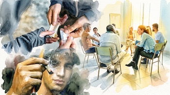 Manos intercambiando billetes y pastillas, una persona fumando, y un grupo de personas sentadas en círculo en una sala iluminada.